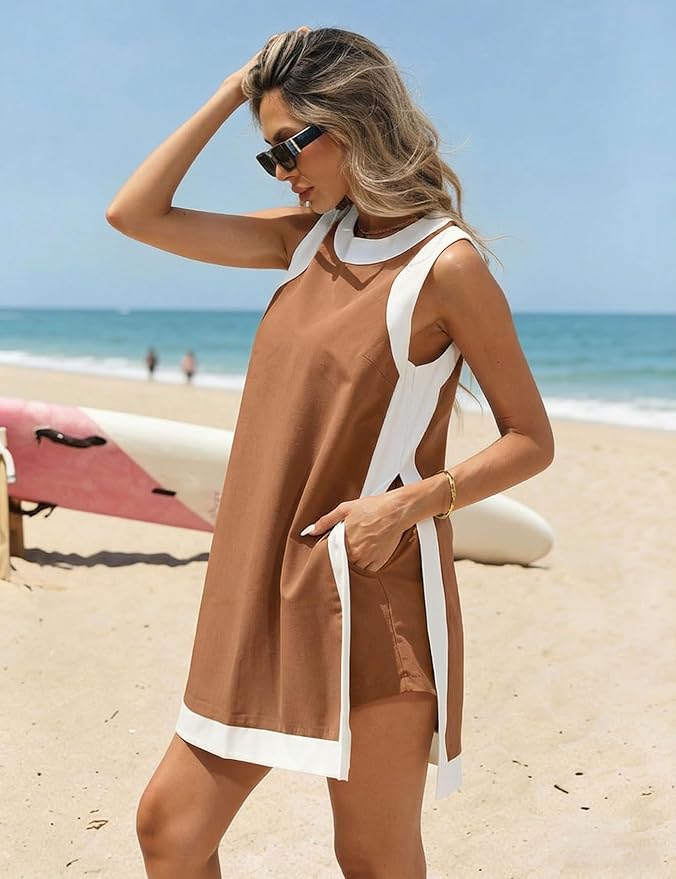 Hooever Women's 2 Piece Sets Casual Color Block Crewneck Short Sleeve Pullover Tops Matching Shorts with Pockets