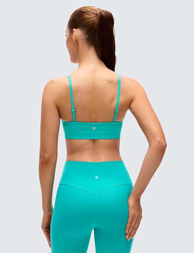 CRZ YOGA Butterluxe V-Neck Sports Bras for Women - Adjustable Thin Straps Padded Yoga Top Basic Wireless Camisole