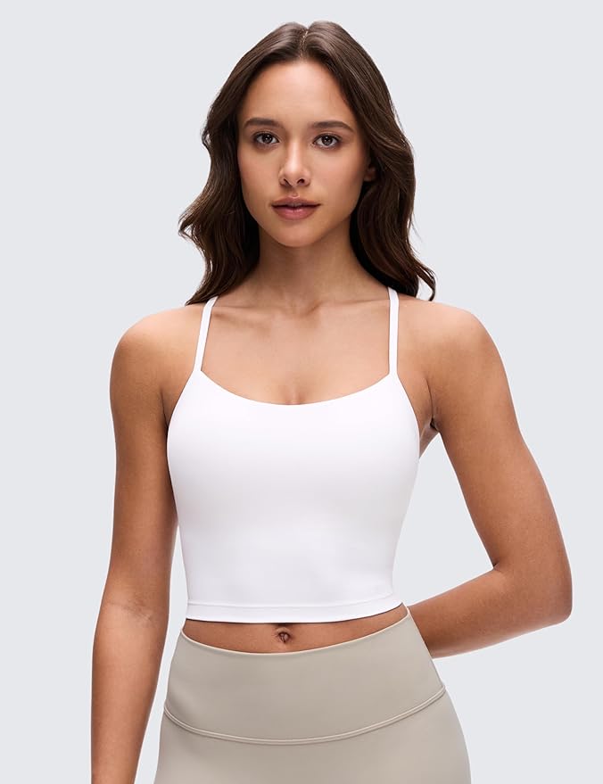 CRZ YOGA Butterluxe Y Back Crop Tank Tops for Women - Spaghetti Straps Racerback Padded Yoga Workout Longline Sports Bras