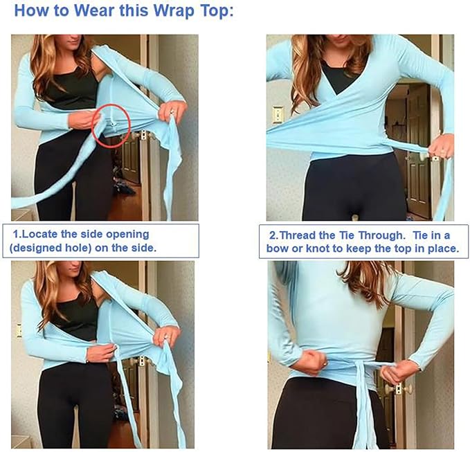 Women Wrap Top Thumb Hole Long Sleeve Self Tie Workout Shirt Pilates Ballet Yoga Tops