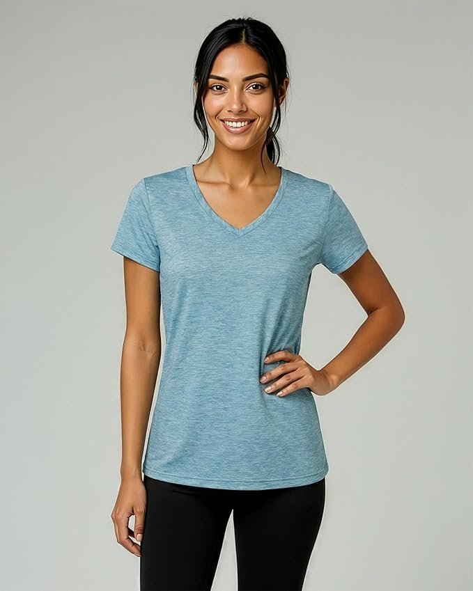 Real Essentials 5 Pack: Women's Dry-Fit Short Sleeve V Neck T Shirt Workout Fitness Yoga Top Tee (Available in Plus Size)