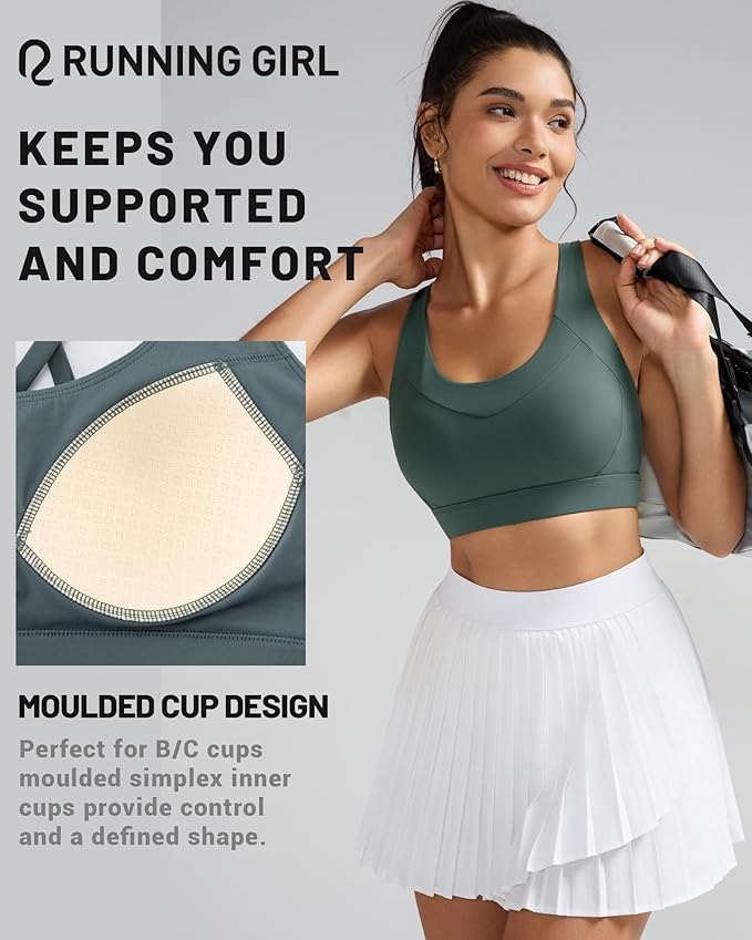 RUNNING GIRL Sports Bra for Women High Support, Molded Cup High Impact Sports Bras with Sewn in Pads Strappy Running Bra