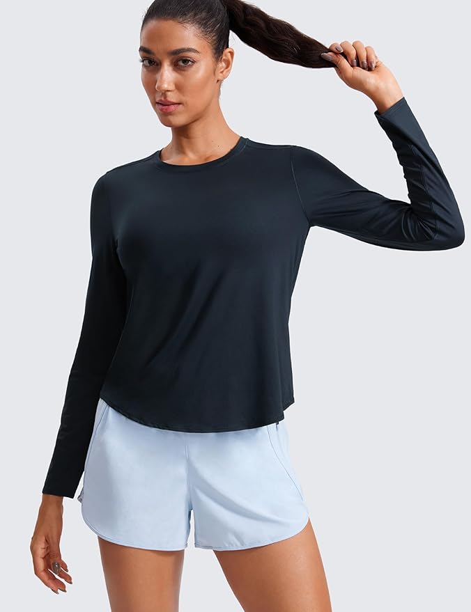 CRZ YOGA Lightweight Workout Long Sleeve Shirts for Women - Gym Running Fall Athletic Training T-Shirts High Neck Tops