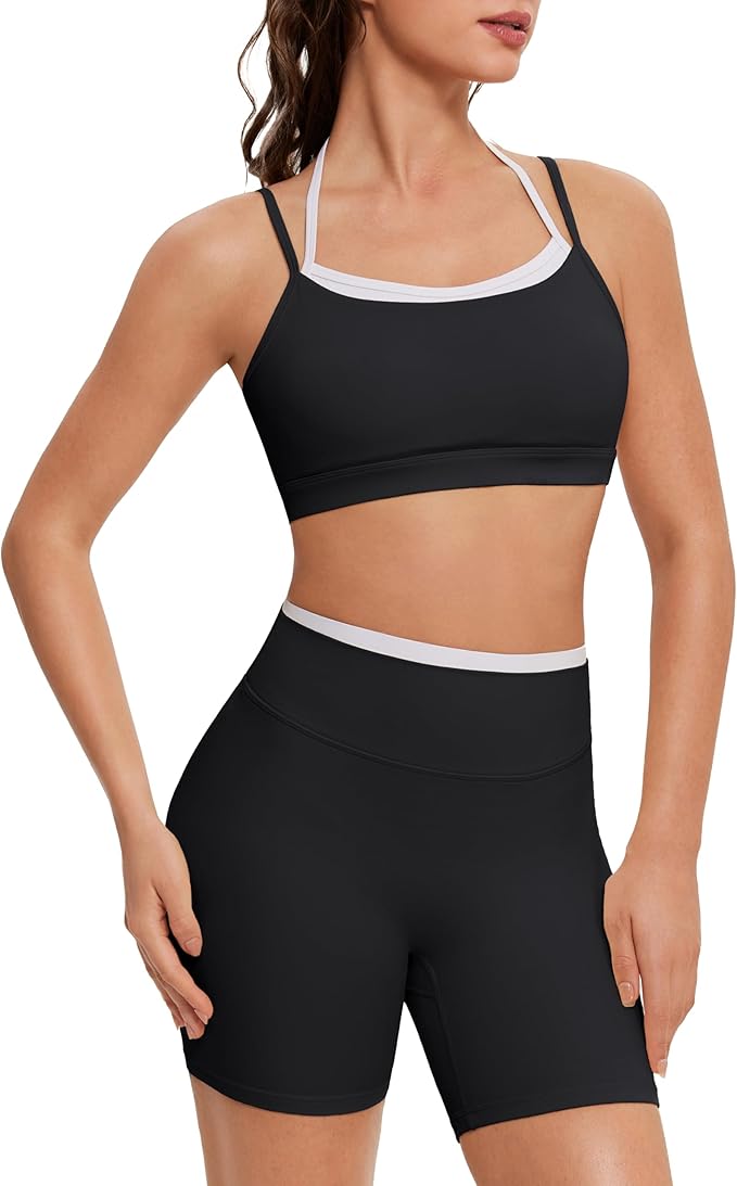 OMKAGI Workout Sets for Women Cute Doubel Layer Open Back Sports Bras Gym Shorts Outfits