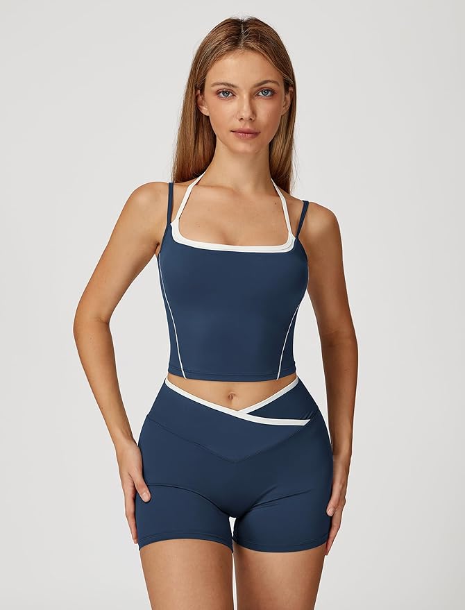 ABOCIW Workout Sets for Women 2 Piece Color Block Layered Cropped Tank Top Crossover High Waist Biker Shorts Gym Sets