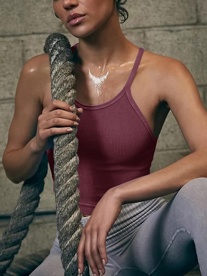 LASLULU Womens Sports Bra Seamless Long Crop Tank Racer Back Spaghetti Strap Workout Yoga Bra Padded Halter Neck Casual Tops