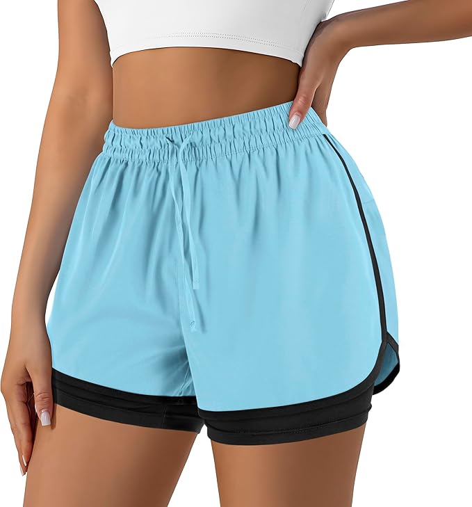 Yevrimow Women's 2 in 1 Running Shorts for Gym Yoga Workout Athletic Shorts High-Waisted Shorts with Liner Pockets