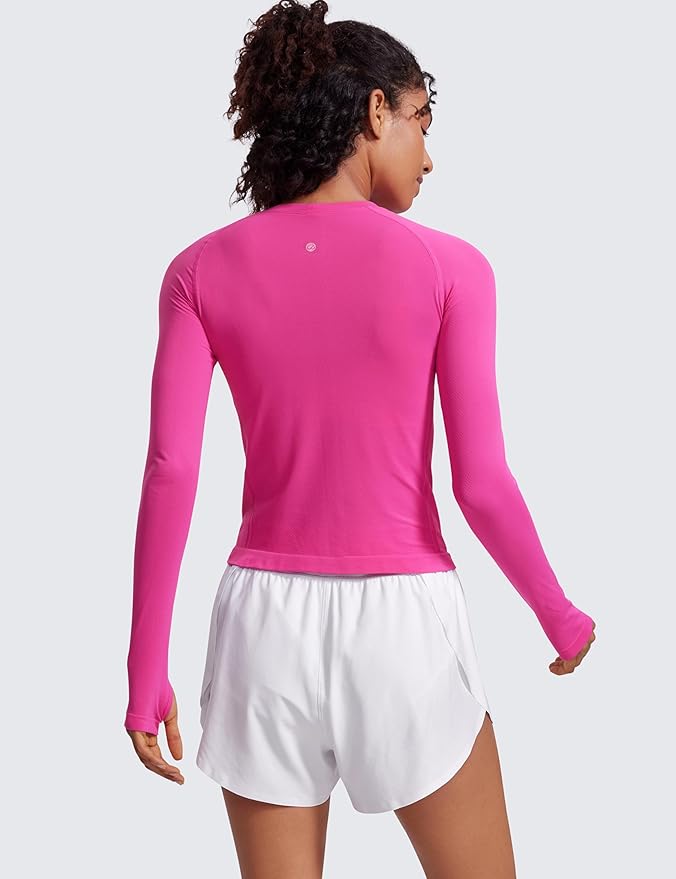 CRZ YOGA Seamless Long Sleeve Shirts for Women Waist Length - Workout Athletic Running Gym Yoga Tops Crewneck Breathable
