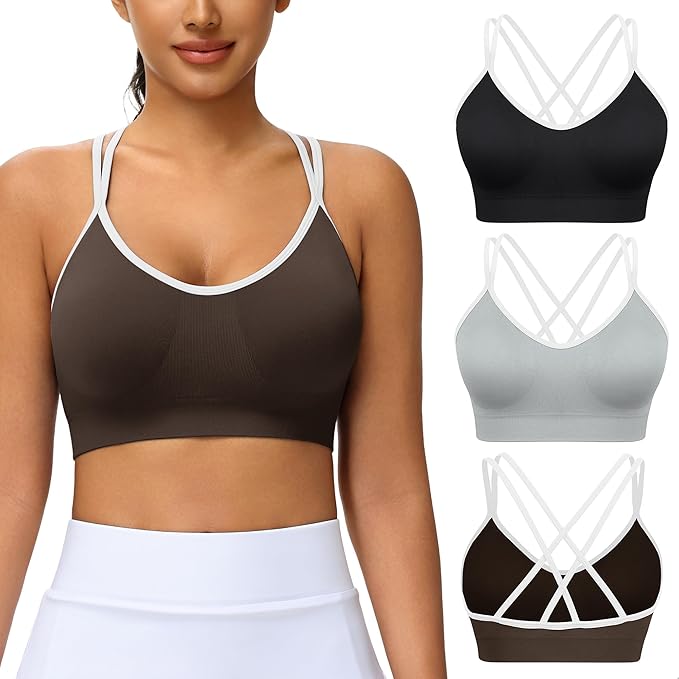 VEQKING Women's Cross Back Sports Bra Padded Strappy Medium Support Yoga Bra for Workout Fitness 3 Pack
