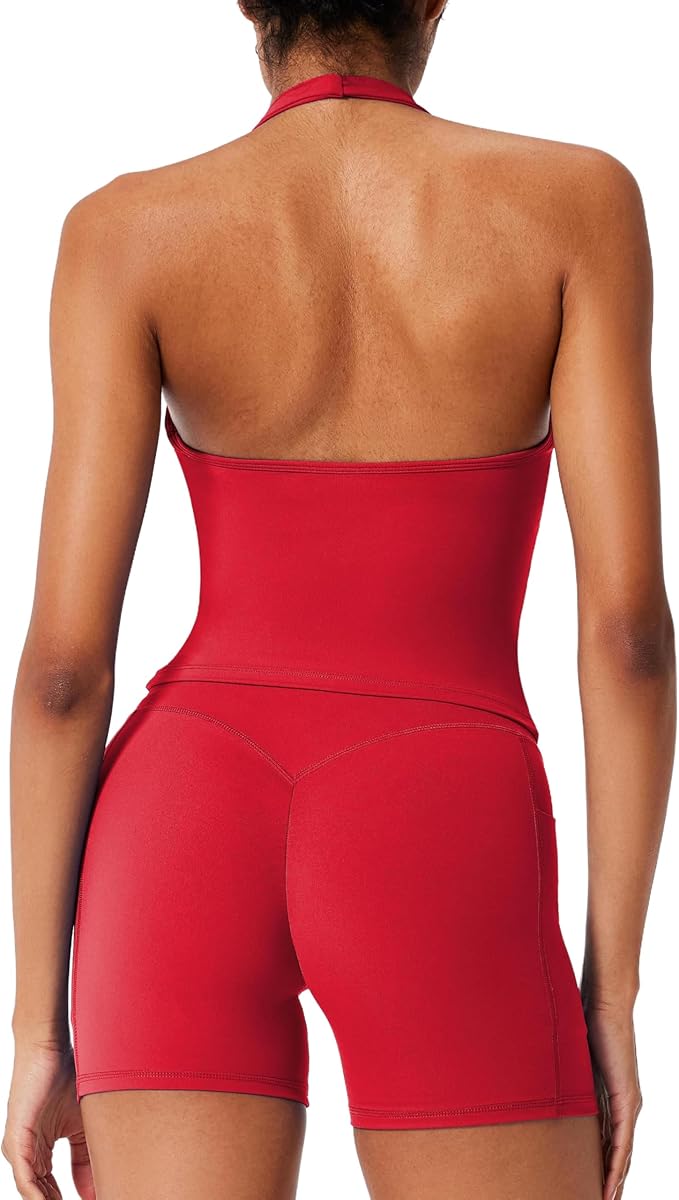 RXRXCOCO Halter Workout Sets for Women 2 Piece V Neck Tank Tops Hidden Scrunch Booty Shorts Gym Outfits with Pockets