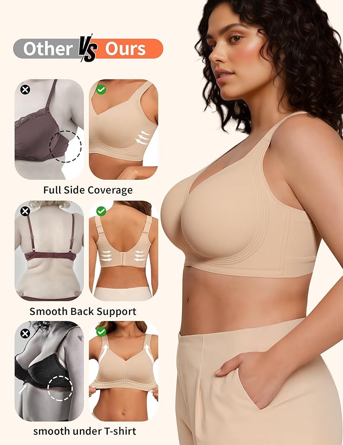 PoseFree Womens Seamless Wireless Supportive Bra Push Up Comfort Soft No Underwire Full Coverage T-Shirt Bra
