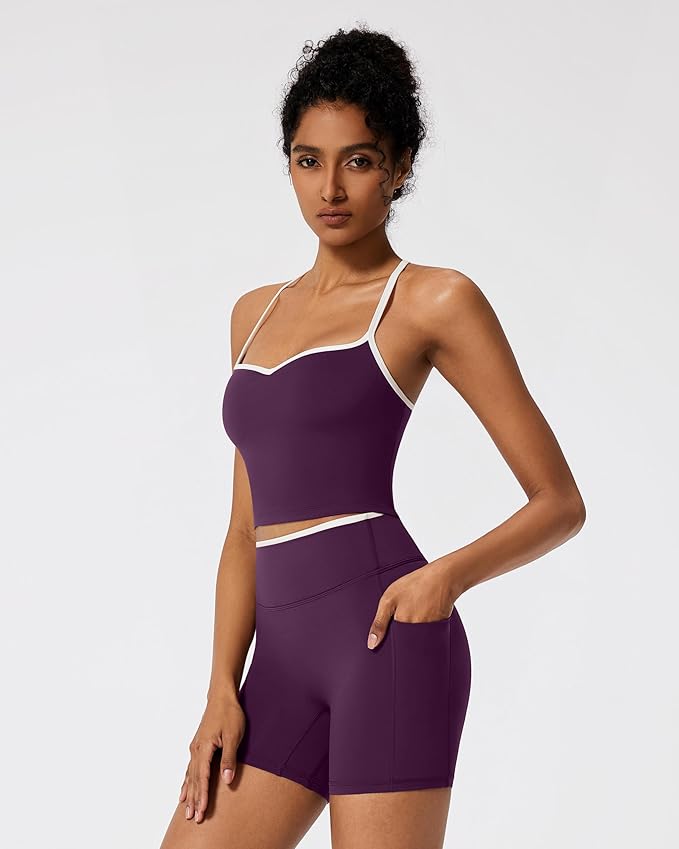 RXRXCOCO Color Block Workout Sets for Women 2 Piece Padded Strappy Tank Tops Hidden Scrunch Booty Shorts with Pockets