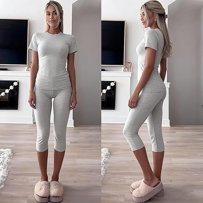 YETOWA Womens 2 Piece Workout Sets High Waisted Tummy Control Crop Top Capri Leggings Stretchy Soft Activewear