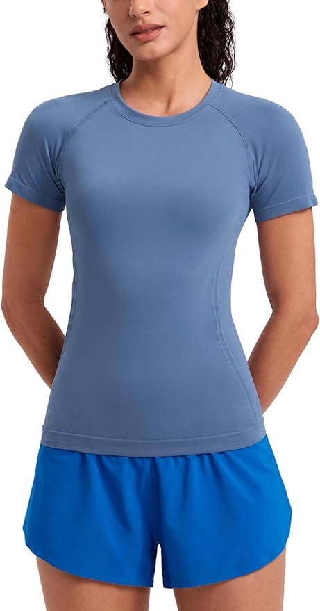 CRZ YOGA Seamless Workout Tops for Women Hip Length - Athletic Running Gym Yoga Short Sleeve Shirts Breathable Crewneck Tees