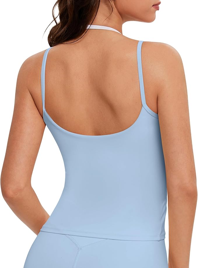 OMKAGI Halter Workout Tank Tops for Women Built in Bra Cute Layer Longline Sports Bras