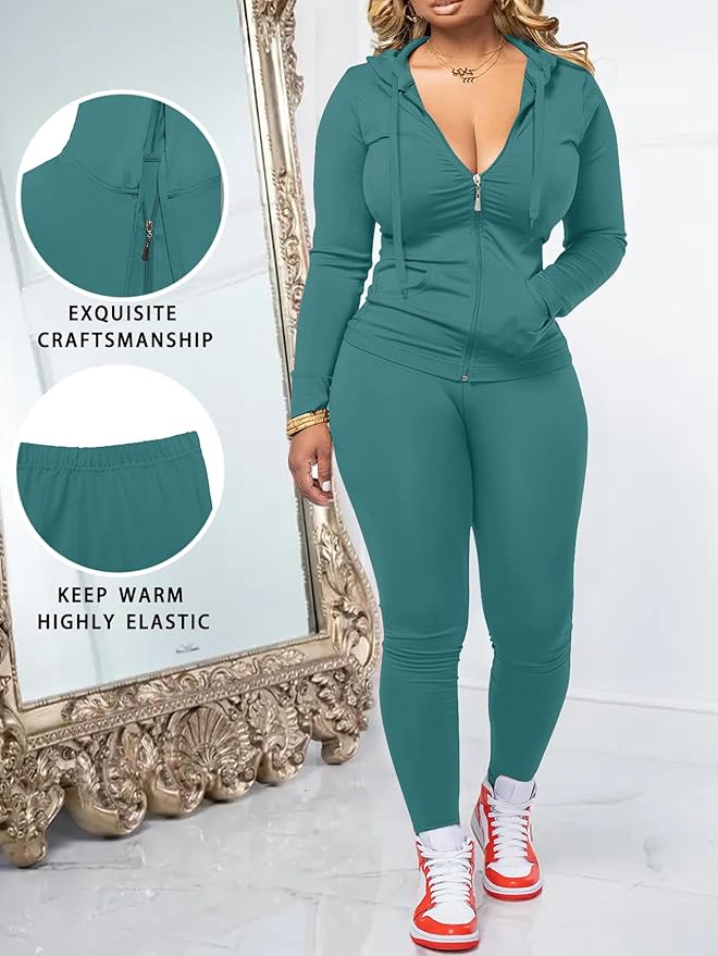 Women Two Piece Outfits Workout Sets Bodycon Legging Jacket Tracksuit Zip Up Hoodie Jogger Matching Sweat Pants Set