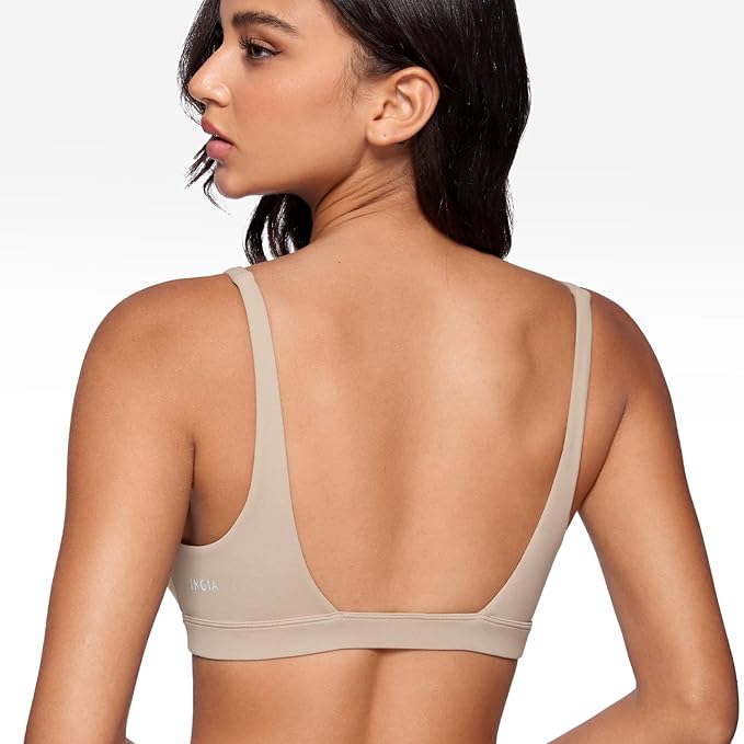 INGIA Womens Deep V-Neck Sports Bra Padded Low Impact Fitness Yoga Bra U Back Wireless Workout Bra Contour Crop Top