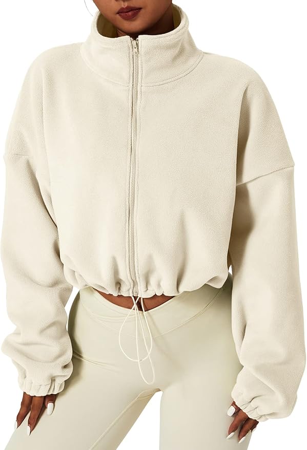 QINSEN Women's Full Zip Fleece Short Jacket Warm Winter Long Sleeve Stand Collar Sherpa Crop Coat