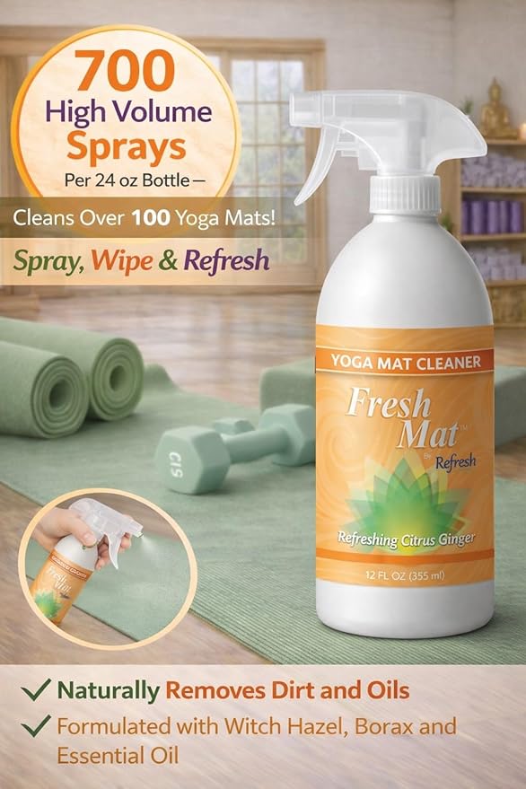 Fresh Mat Yoga Mat Cleaner Spray - Natural Deodorizing Cleaner for Yoga Mats & Fitness Equipment - No-Rinse, Residue-Free Formula with Witch Hazel & Essential Oil, Refreshing Citrus Ginger (24 fl oz).