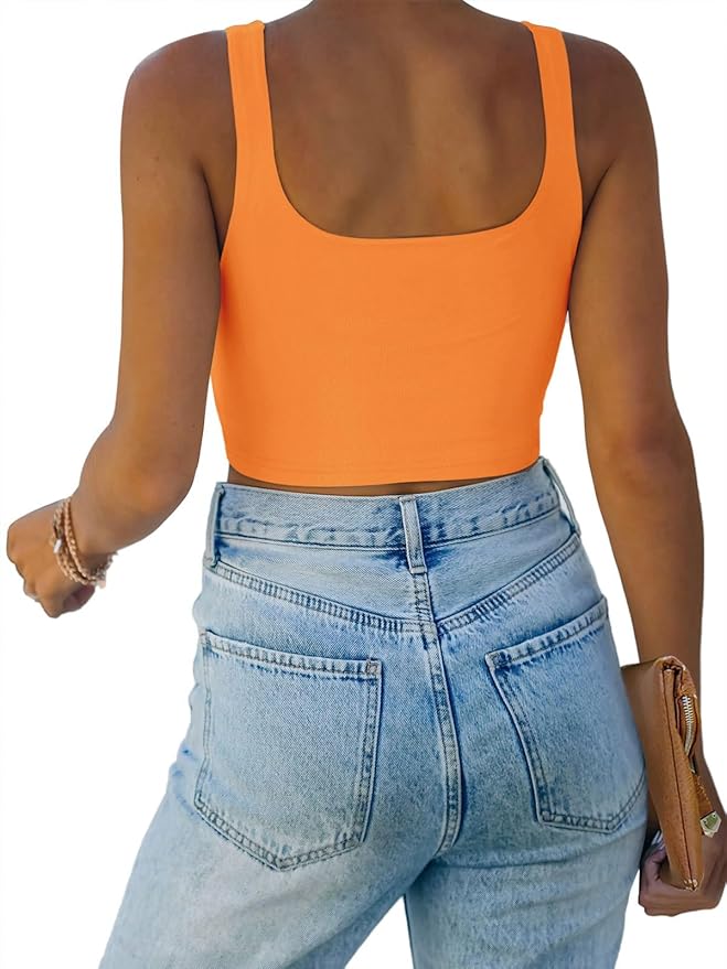 REORIA Women’s Sexy Square Neck Double Lined Seamless Sleeveless Cropped Tank Yoga Crop Basic Tops