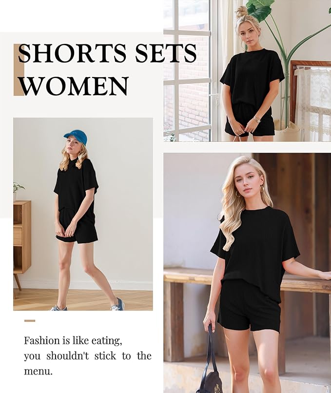MARZXIN Women 2 Piece Shorts Set 2026 Casual Summer Cruise Outfits Ribbed Loose Short Sleeve Pocket Matching Lounge Sets