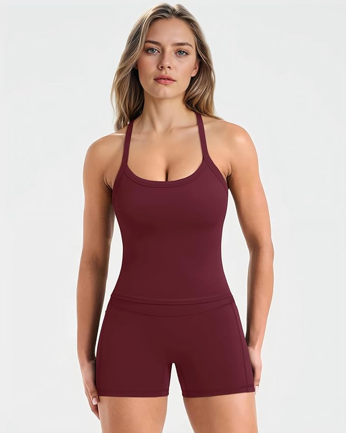 SUUKSESS Women 2 Piece Workout Sets High Waisted Biker Shorts with Pockets Built in bra Racerback Tank Tops