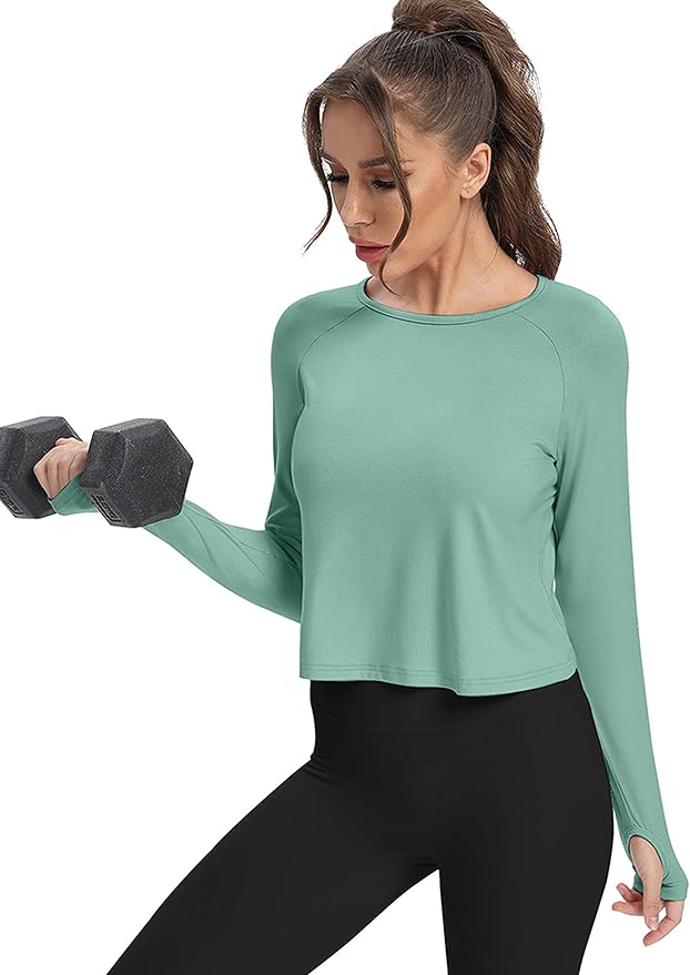 Bestisun Long Sleeve Athletic Workout Shirts Sports Yoga Gym Crop Tops for Women