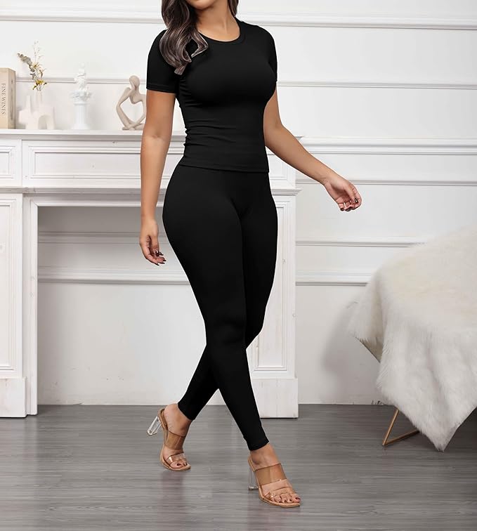 PINSV 2 Piece Sets for Women Summer Casual Jogger Workout Outfits Fitted Crew Neck T-shirt High Waist Legging Sets