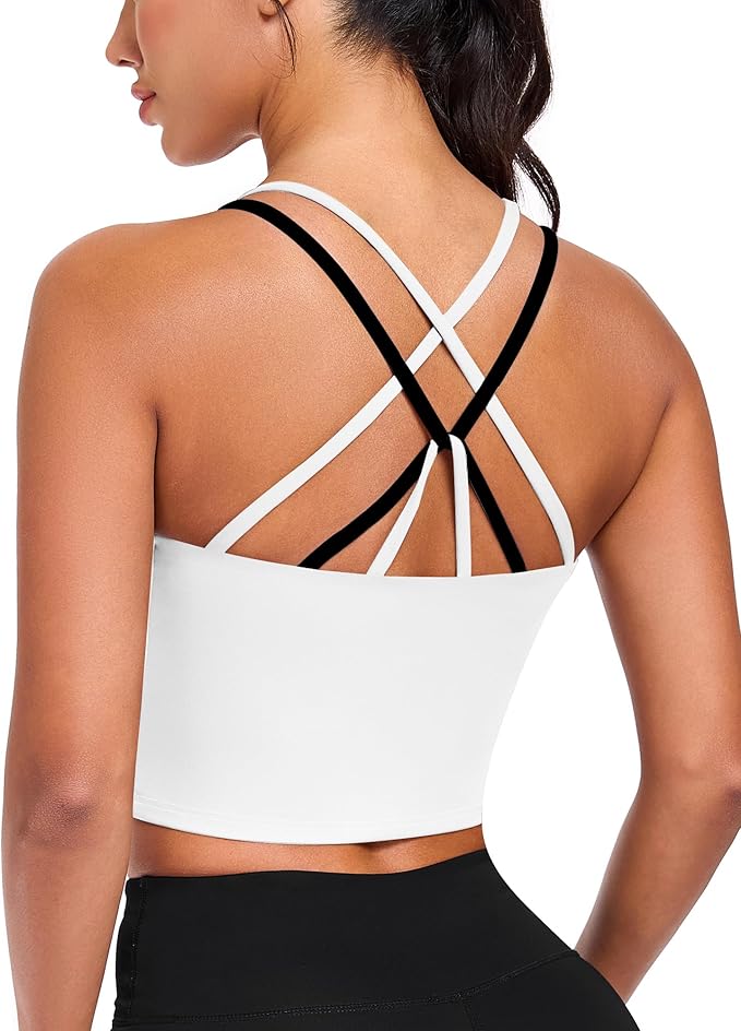 QUOJIZY Longline Sports Bras for Women Spaghetti Straps Tank Top with Built-in Bra Strappy Sports Bra for Yoga