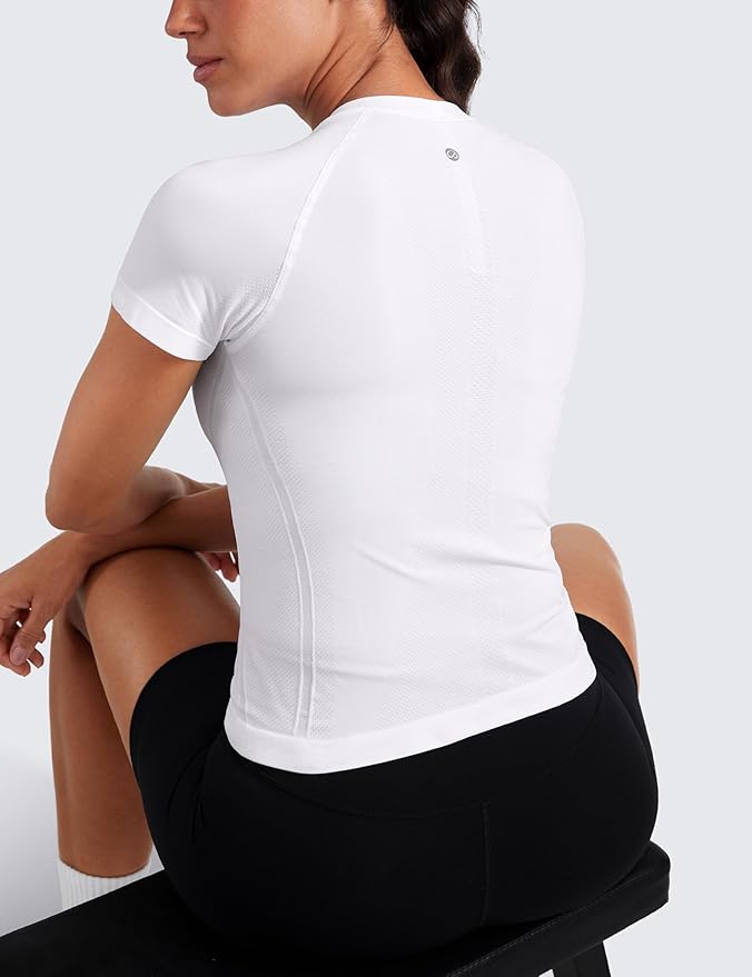 CRZ YOGA Seamless Workout Tops for Women Waist Length - Running Gym Athletic Yoga Short Sleeve Shirts Breathable Crewneck