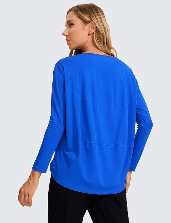 CRZ YOGA Pima Cotton Boat Neck Long Sleeve Shirts for Women - Workout Athletic Yoga Casual Tops Loose Fit Fall T-Shirts