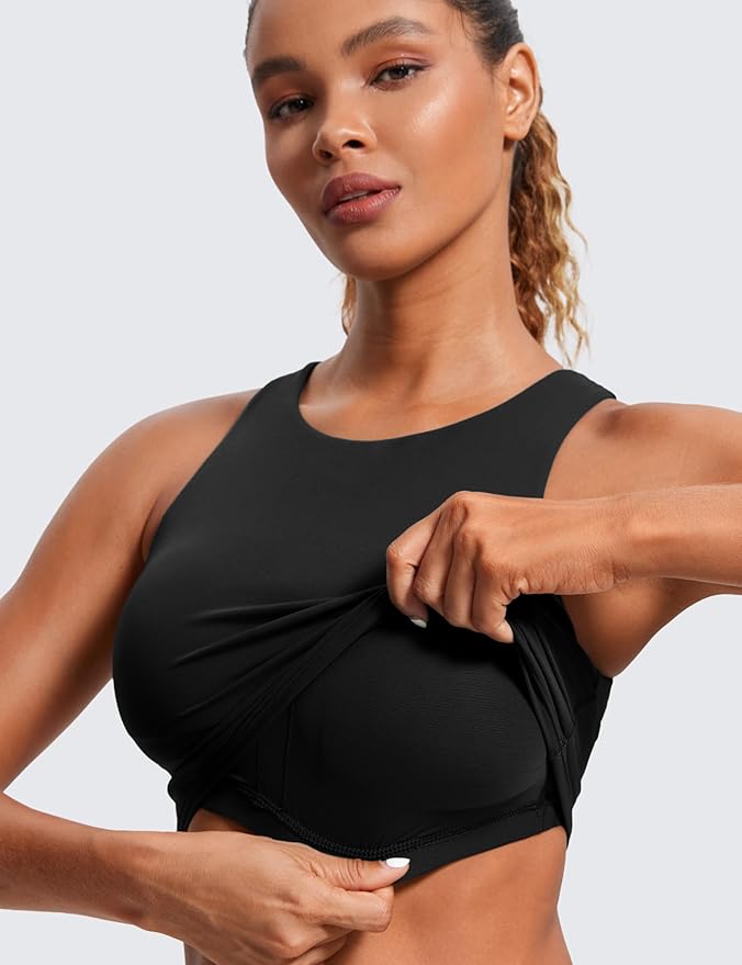 CRZ YOGA Butterluxe High Neck Crop Tank Tops for Women - Racerback Padded Longline Sports Bras Workout