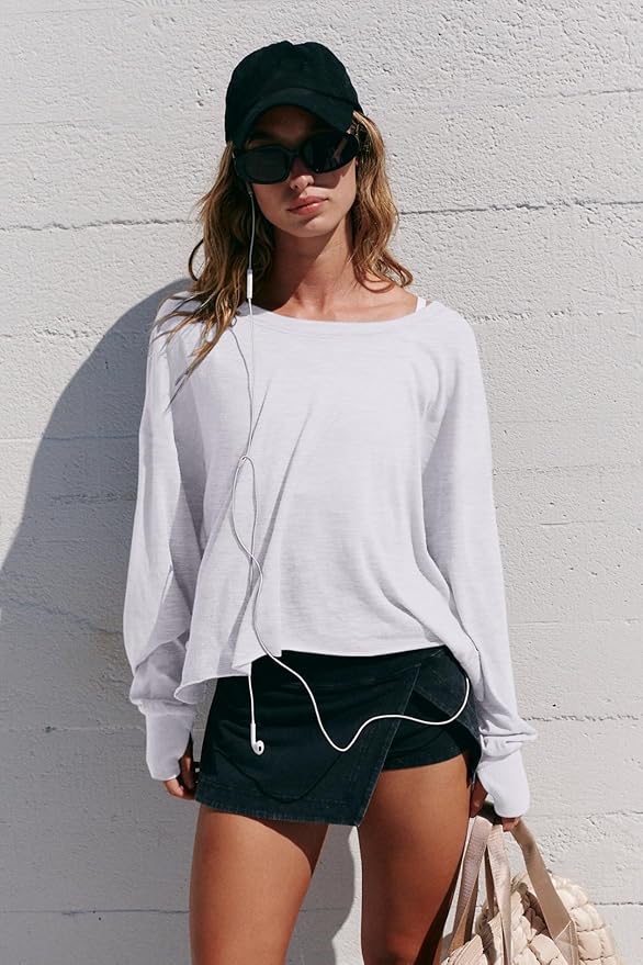LASLULU Womens Open Back Long Sleeve Workout Tops Athletic Shirts Boat Neck Casual Running Tee Y2k Yoga Gym Tops