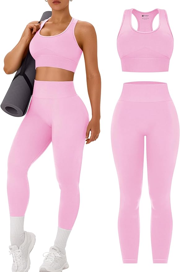 OLCHEE Womens Workout Sets 2 Piece - Acid Wash Seamless Yoga Outfits High Waist Leggings Padded Racerback Sports Bra Gym Set
