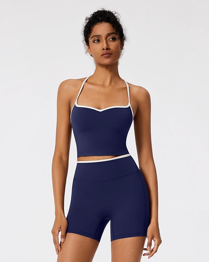 RXRXCOCO Color Block Workout Sets for Women 2 Piece Padded Strappy Tank Tops Hidden Scrunch Booty Shorts with Pockets