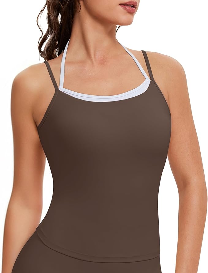OMKAGI Halter Workout Tank Tops for Women Built in Bra Cute Layer Longline Sports Bras
