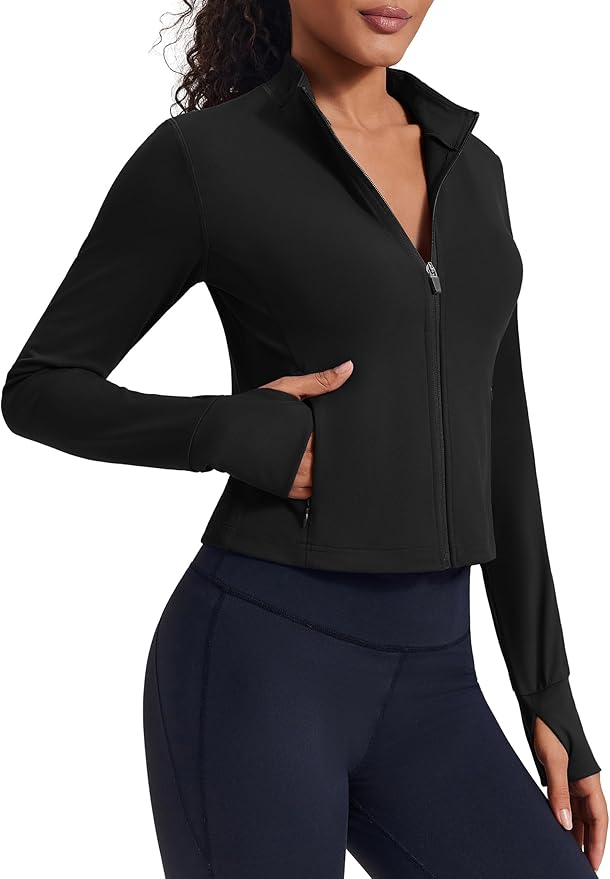 PINSPARK Women Cropped Workout Jackets Full Zip Slim Fit Athletic Jackets Thumb Holes Running Jacket with Zipper Pockets