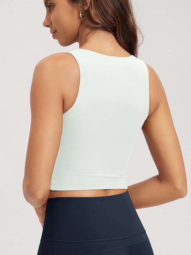 ODODOS Double Layer High Neck Crop Tank for Women Cloud Feeling Sleeveless Casual Yoga Cropped Tops