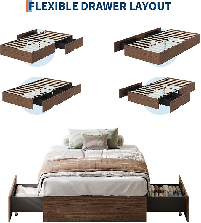 GarveeHome Twin Size Wood Platform Bed Frame with 2 Storage Drawers, Wooden Bed Frame Without Headboard, Wood Slat Support, No Box Spring Needed, Easy Assembly
