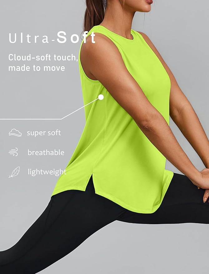 PINSPARK Workout Tops for Women Sleeveless Athletic Tank Tops UPF 50+ Running Tanks with Side Slits Loose Fit Gym Yoga Shirt