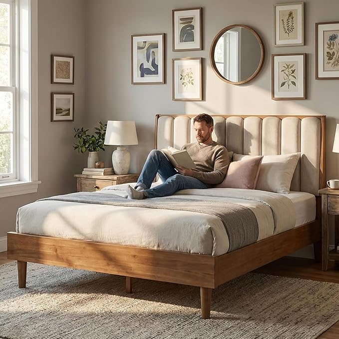 Wood Queen Size Bed Frame with Upholstered Tufted Headboard, Solid Wood Platform Bed,Mid-Century Style,No Box Spring Required, Easy Assembly,Wheat