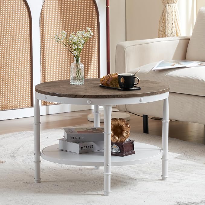 VINGLI 25.6" Dark Walnut White Round Farmhouse Coffee Table, 2-Tier Storage Wood Center Circle Accent Table for Living Room, Bedroom, Apartment, Studio and Small Spaces, Sturdy Metal Frame