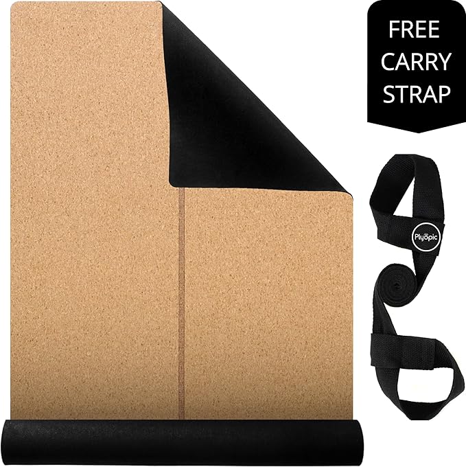 Plyopic Ultimate Cork Yoga Mat – Non-Slip Ultra-Premium Cork | Thicker, Longer & Wider for Extra Comfort | 100% Natural Grip & Eco Friendly | Optional Alignment Lines | For Yoga, Bikram & Hot Yoga