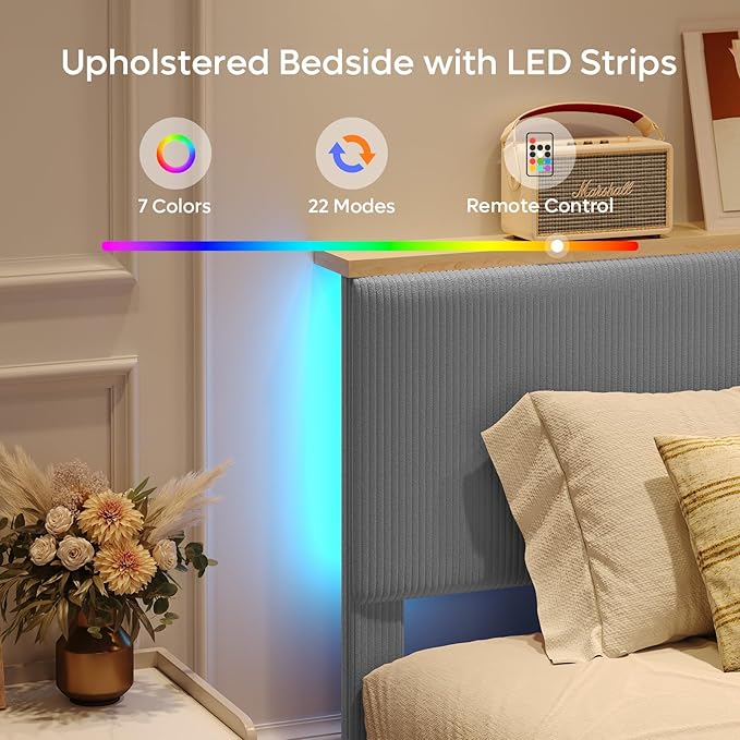 Bestier Queen Bed Frame with Adjustable Headboard & LEDLighting, Corduroy Upholstered Platform Bed Frame withStorage Shelf, Solid Wood Slats, No Box Spring Needed,Never Squeak, Easy Assembly, Grey