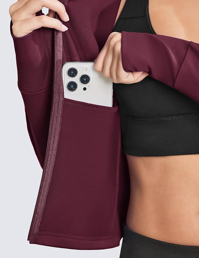 PINSPARK Women Cropped Workout Jackets Full Zip Slim Fit Athletic Jackets Thumb Holes Running Jacket with Zipper Pockets