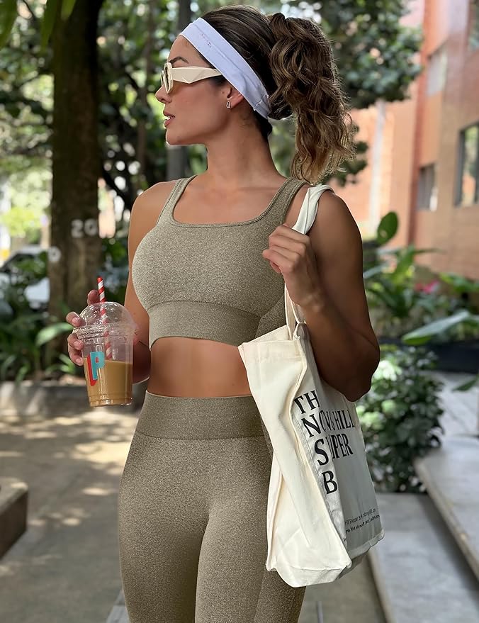OLCHEE Womens Workout Sets 2 Piece Seamless Square Neck Sports Bra Padded Butt Lifting Leggings High Waist Yoga Gym Outfits