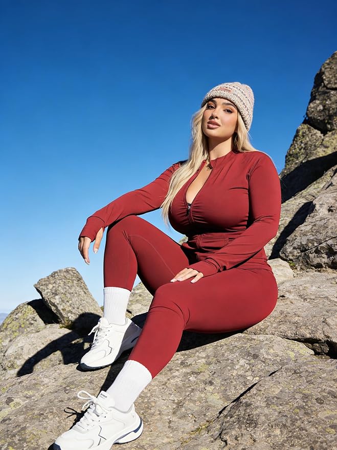 UOUA Two Piece Outfits Women Tracksuit Sets Long Sleeve Zip Up Jacket & Leggings for Gym Workout Set