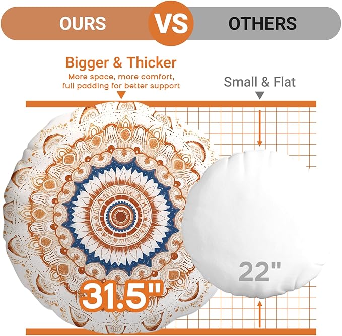Meditation Cushion Set of 2, 32 Inch Extra Thick Memory Foam Round Floor Pillow with Removable Washable Cover, Bohemian Mandala Yoga Cushion for Adults - Ideal Holiday Decor, Brown