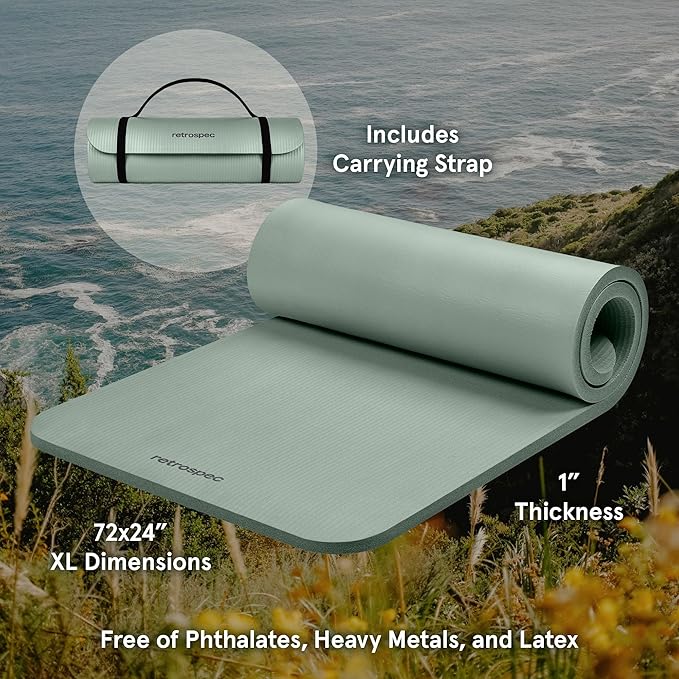 Retrospec Solana Yoga Mat 1" Thick w/Nylon Strap for Men & Women - Non Slip Exercise Mat for Home Yoga, Pilates, Stretching, Floor & Fitness Workouts