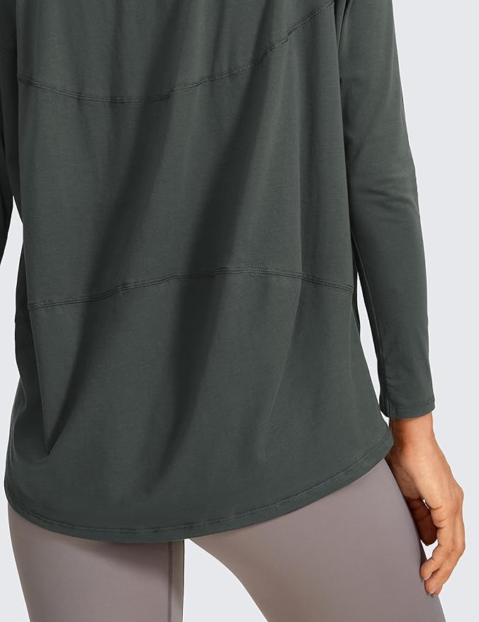 CRZ YOGA Pima Cotton Boat Neck Long Sleeve Shirts for Women - Workout Athletic Yoga Casual Tops Loose Fit Fall T-Shirts